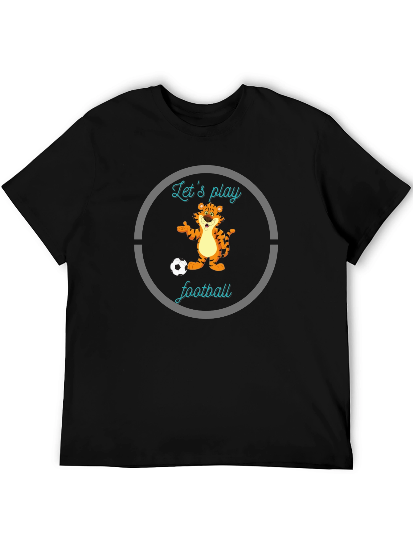 Fun Cartoon Tiger Lets Play Football Black T-Shirt