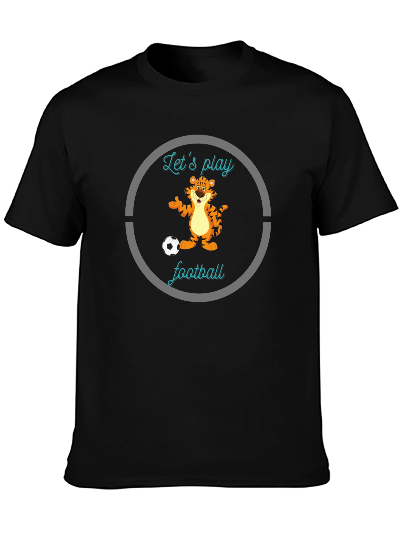 Fun Cartoon Tiger Lets Play Football Black T-Shirt