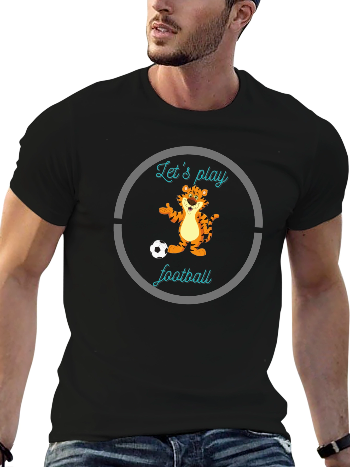 Fun Cartoon Tiger Lets Play Football Black T-Shirt