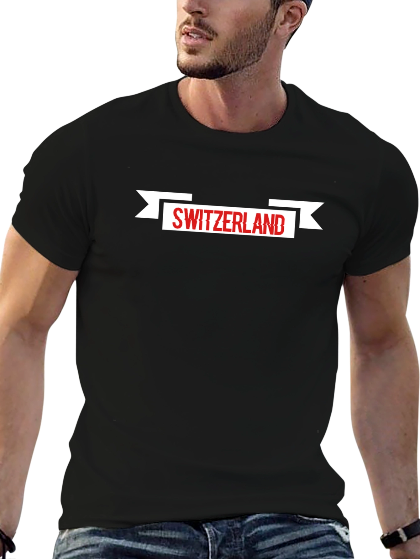Switzerland Flag Banner Mens Black T-Shirt