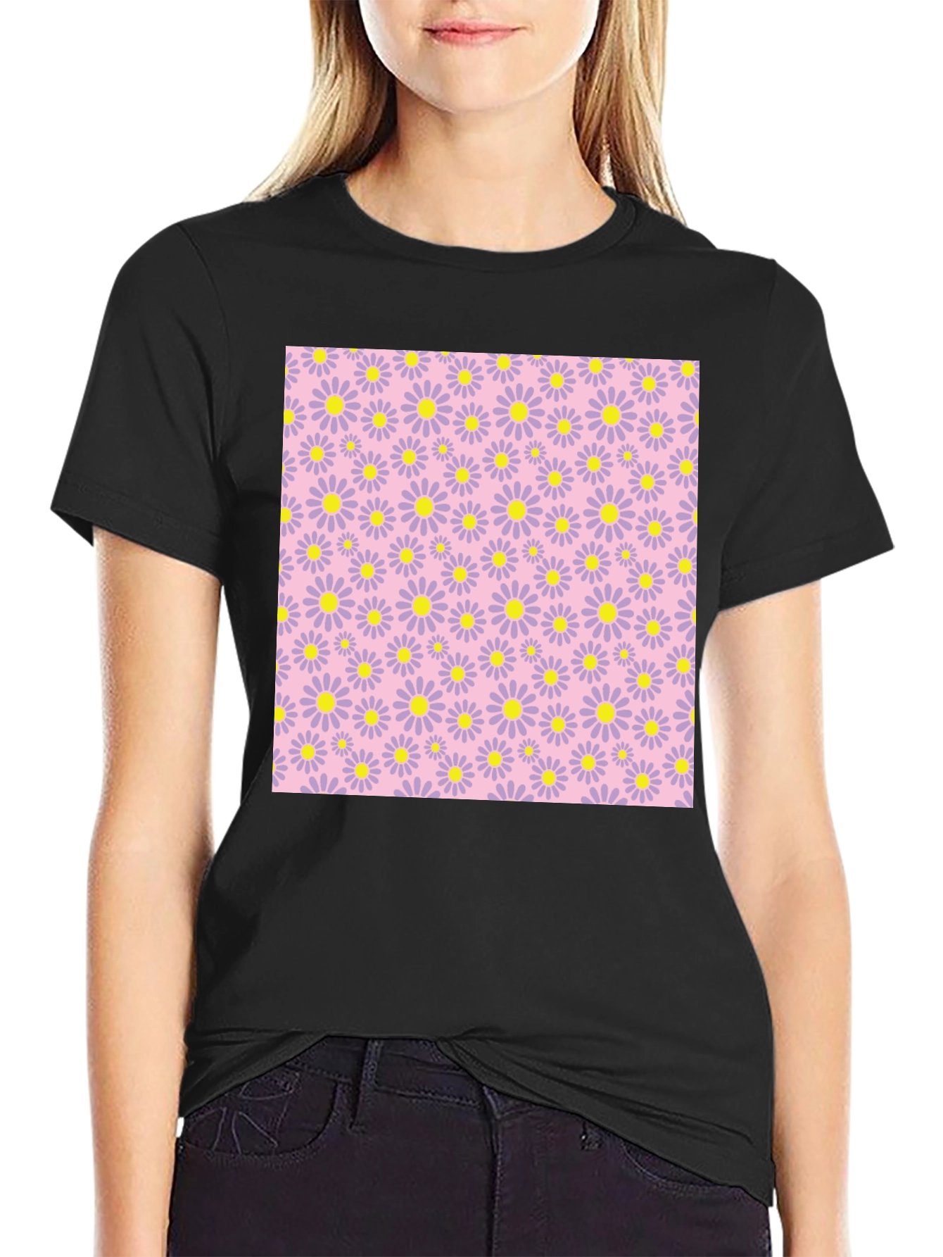 Floral Patterned Black T-Shirt