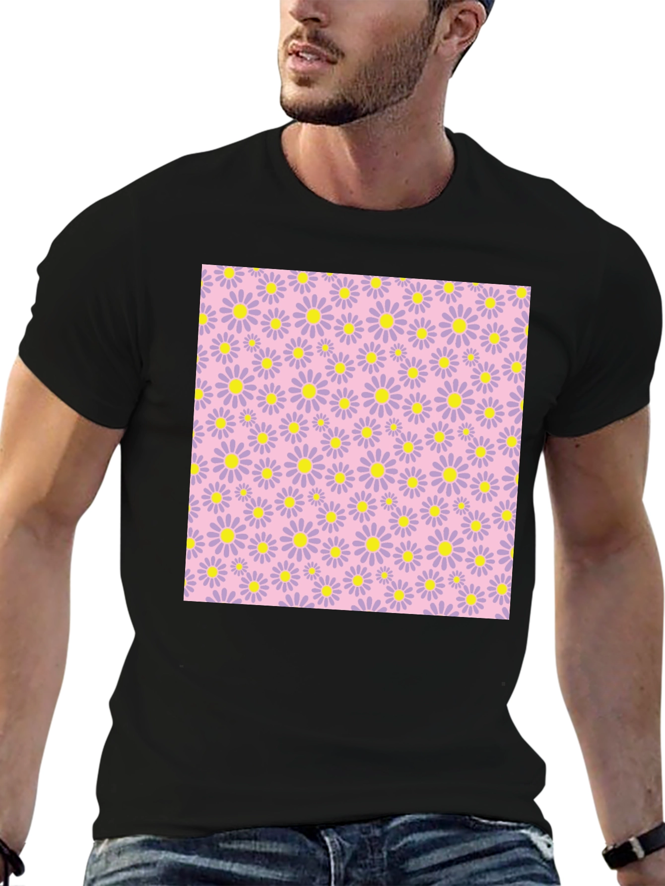 Floral Patterned Black T-Shirt