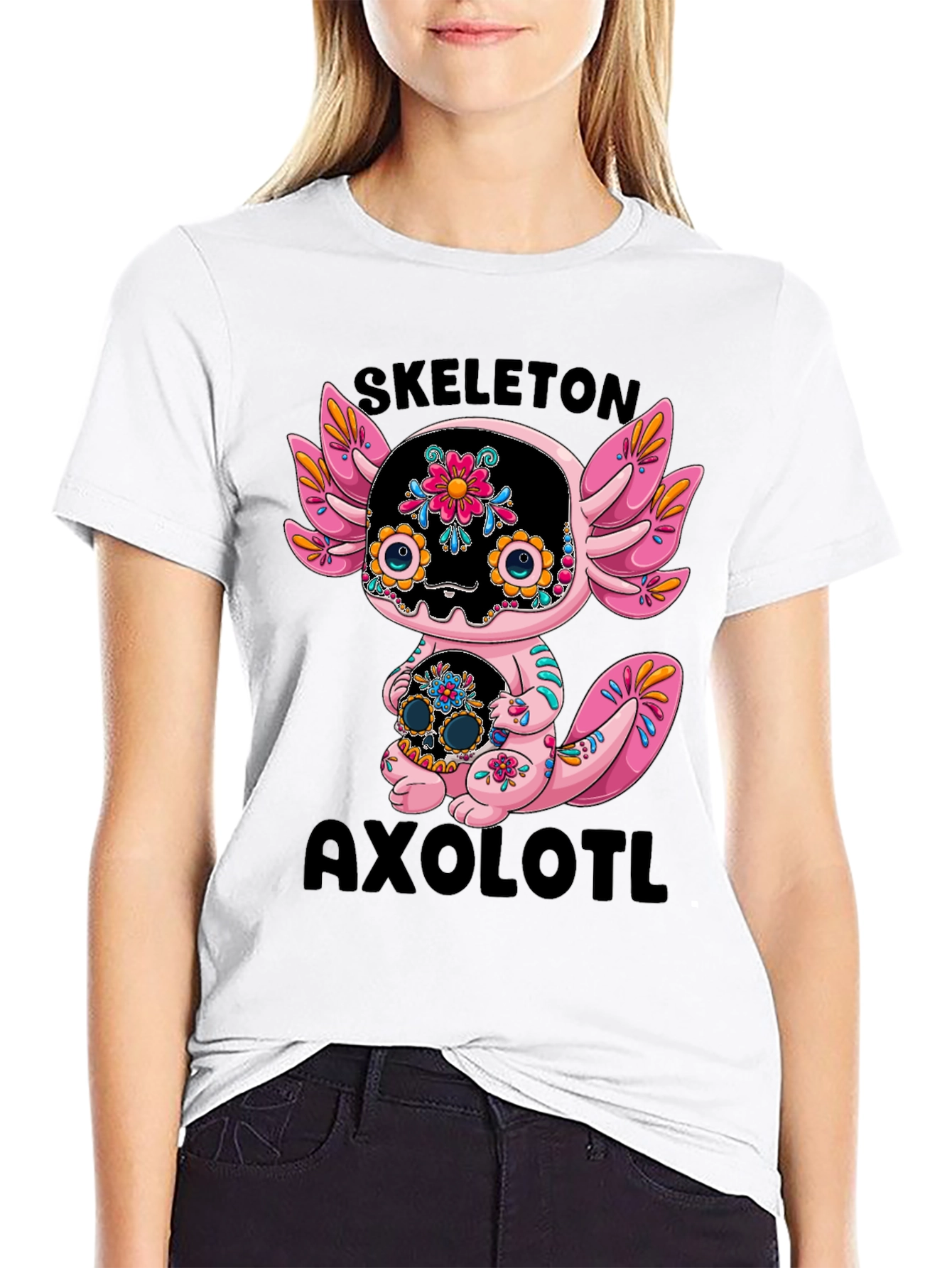 Skeleton Axolotl T-Shirt - Day of the Dead Style