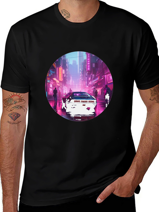Retro Cyberpunk Car Graphic Tee - Black