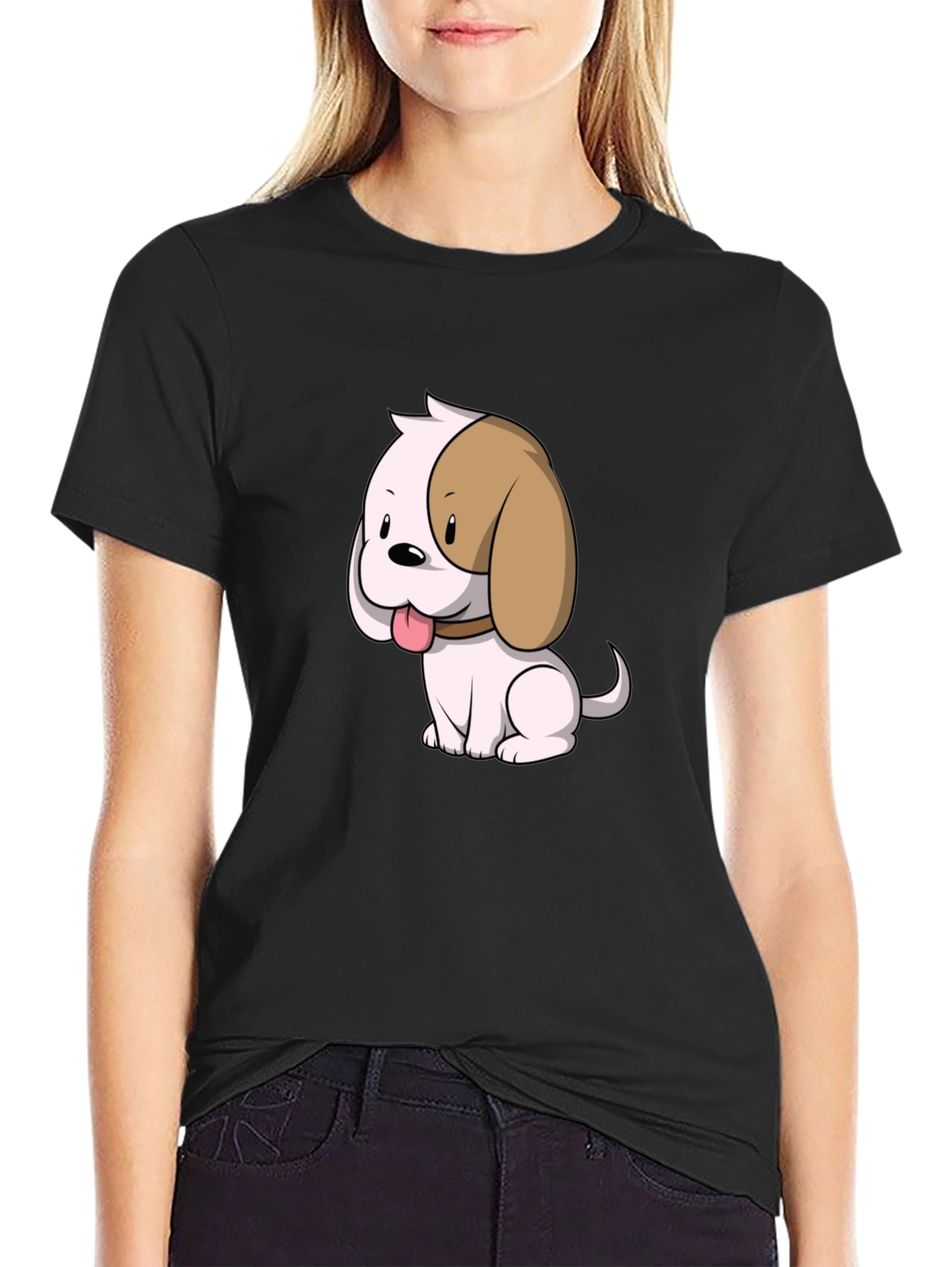 Cute Cartoon Puppy Dog Graphic T-Shirt - Black