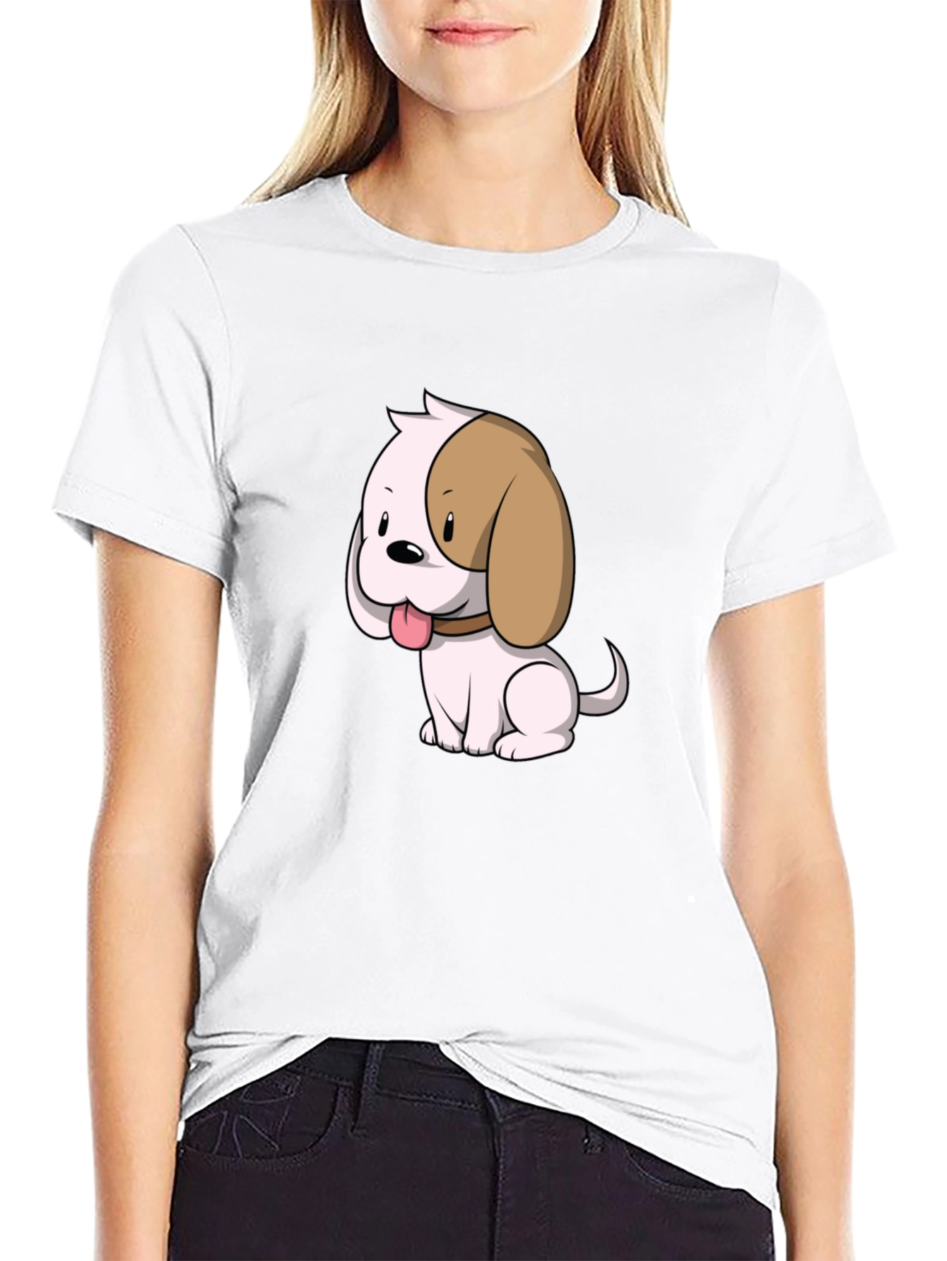 Cute Cartoon Puppy Dog Graphic T-Shirt - Black