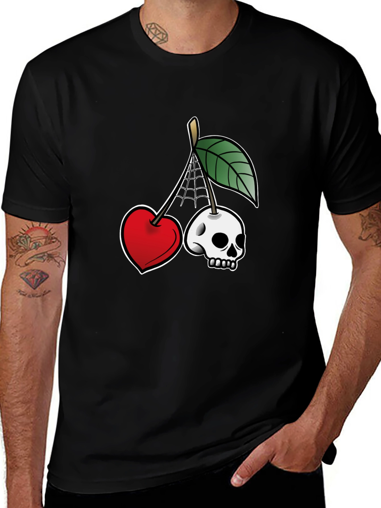 Unique Cherry Skull Graphic T-Shirt - Black