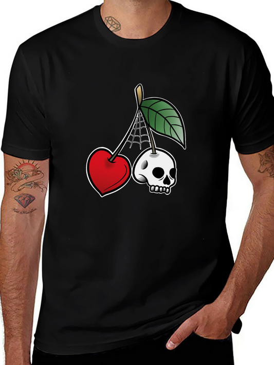 Unique Cherry Skull Graphic T-Shirt - Black