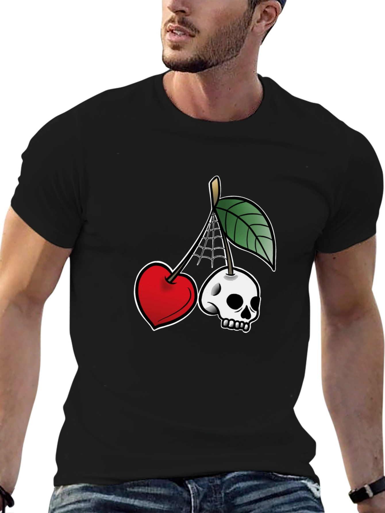 Unique Cherry Skull Graphic T-Shirt - Black