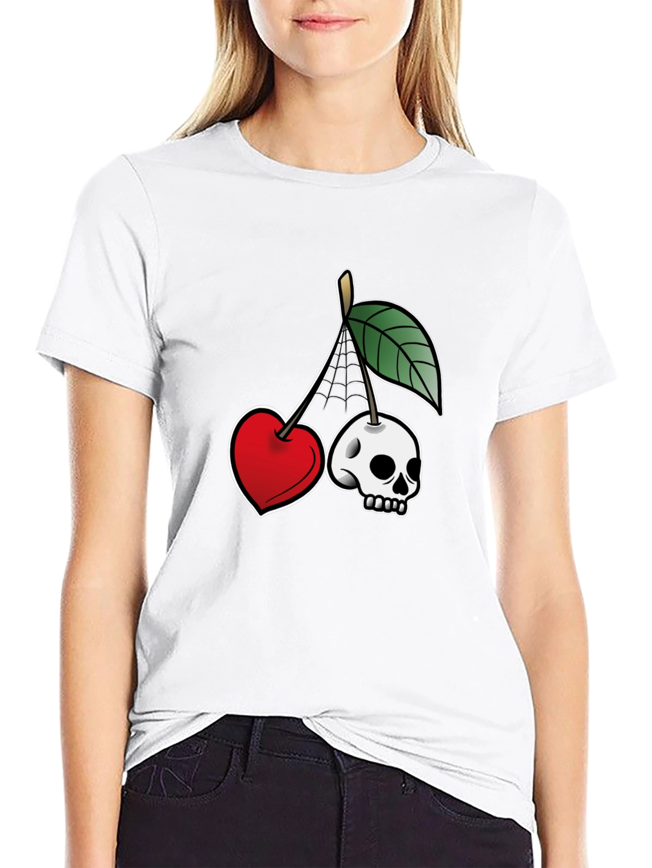 Unique Cherry Skull Graphic T-Shirt - Black