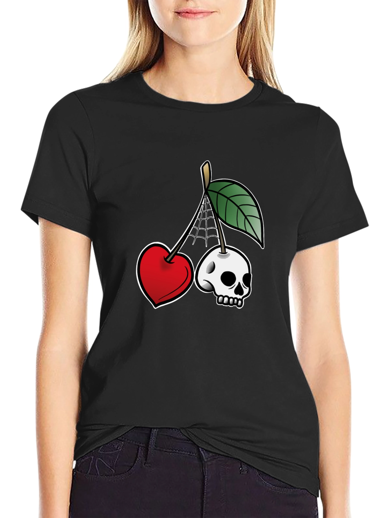 Unique Cherry Skull Graphic T-Shirt - Black
