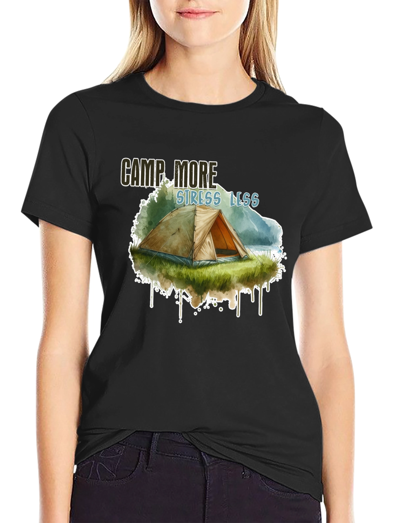 Camp More Stress Less Black Graphic T-Shirt