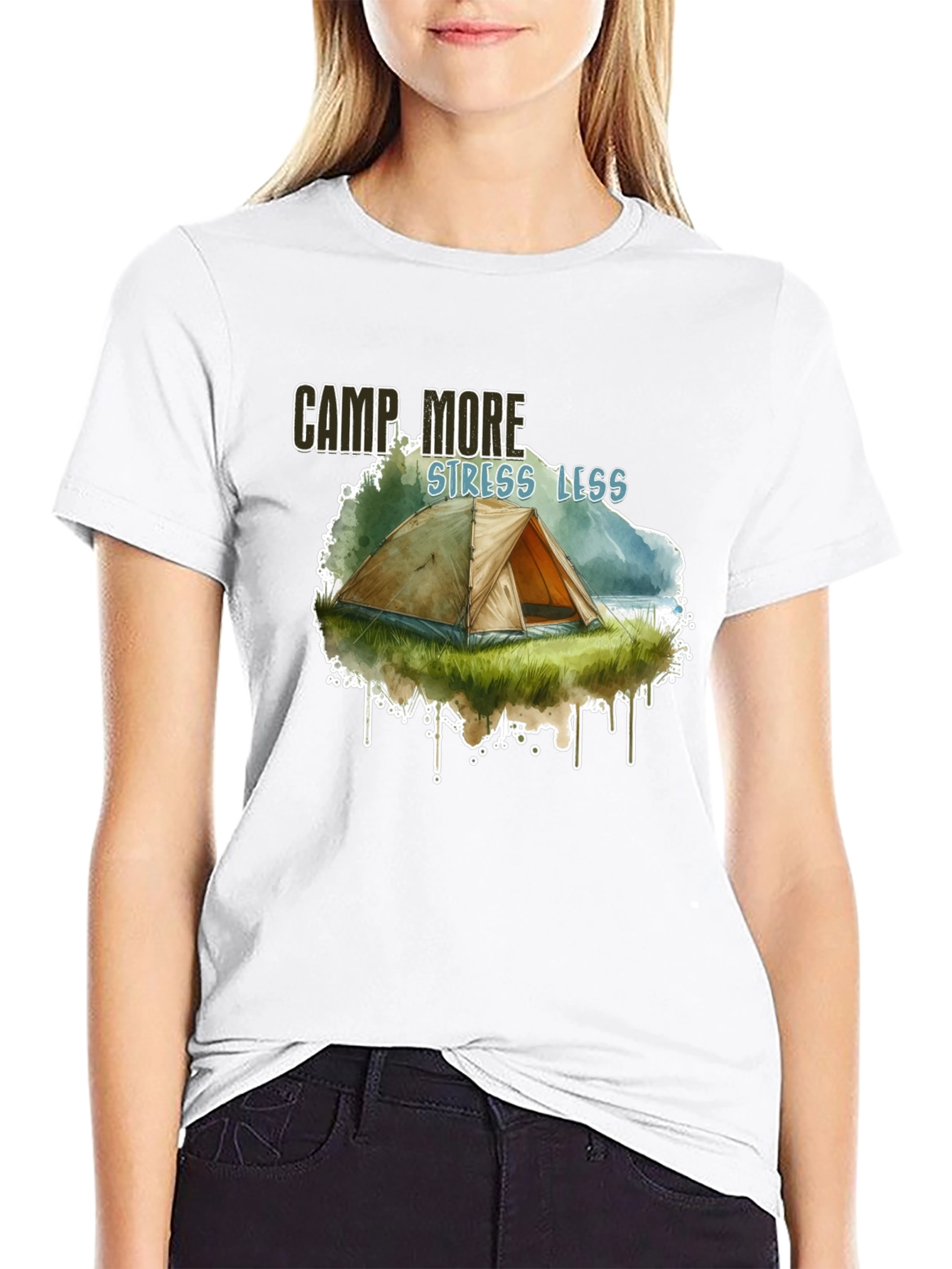 Camp More Stress Less Black Graphic T-Shirt