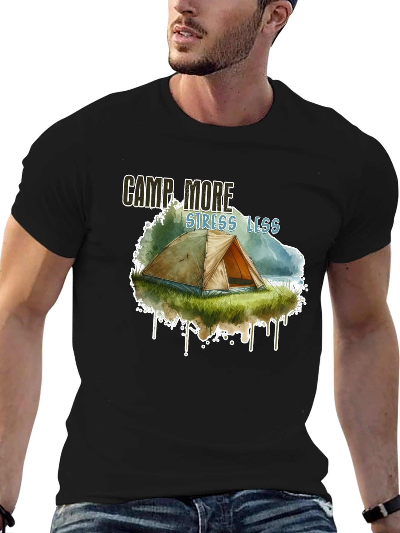 Camp More Stress Less Black Graphic T-Shirt