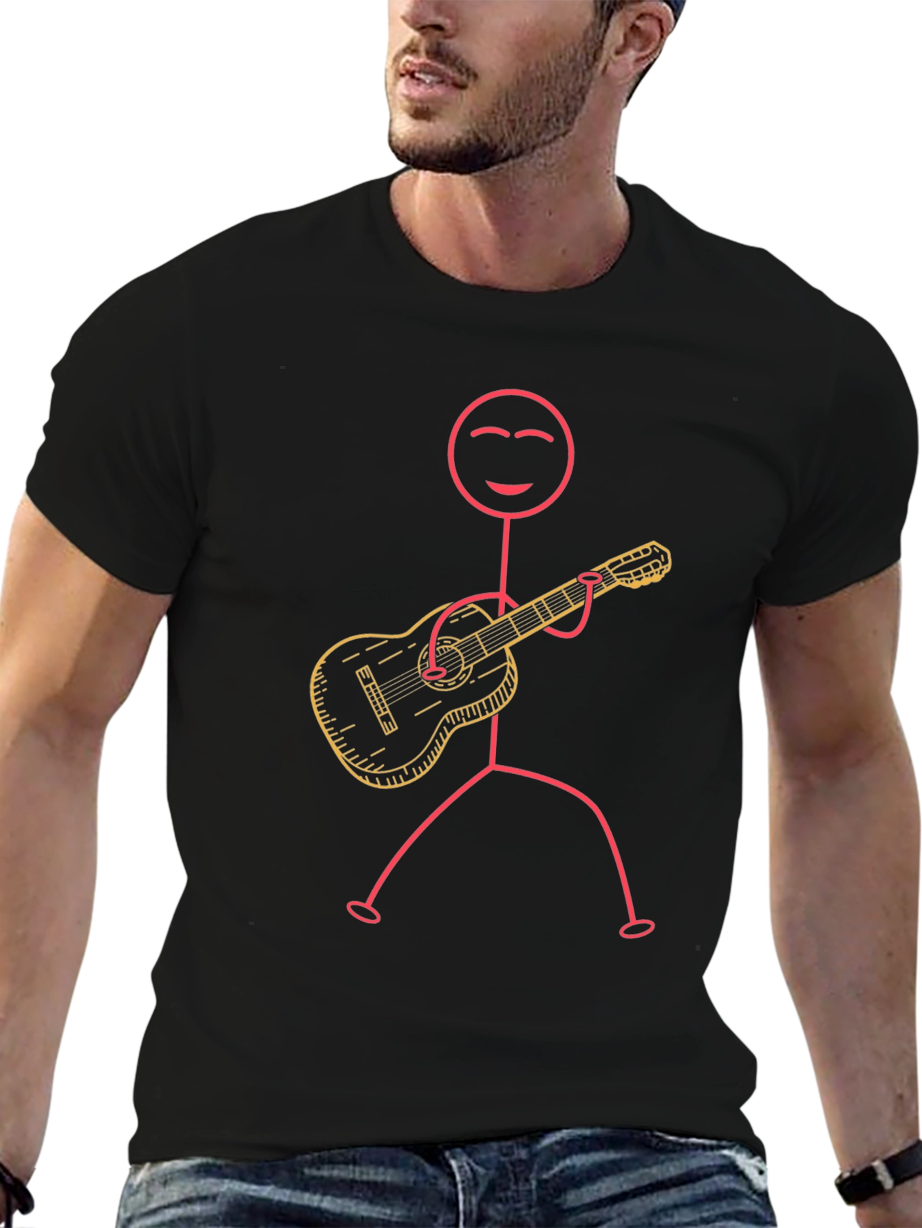 Stick Figure Guitarist Graphic Tee - Black Cotton T-Shirt