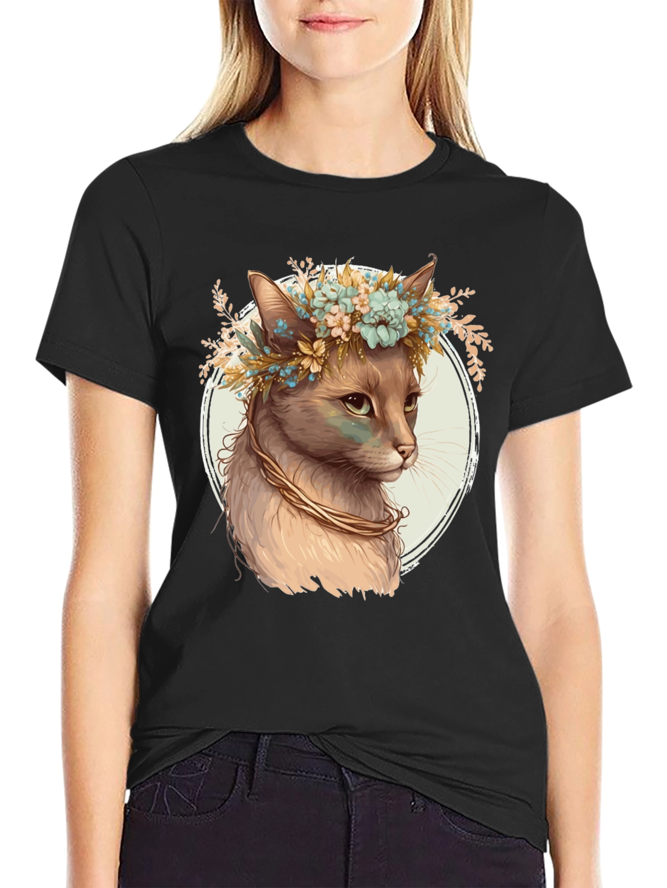 Cat with Flower Crown Graphic Tee