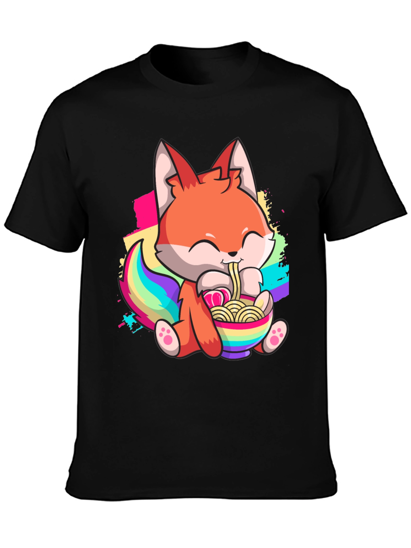 Cute Cartoon Fox Ramen Bowl Black T-shirt