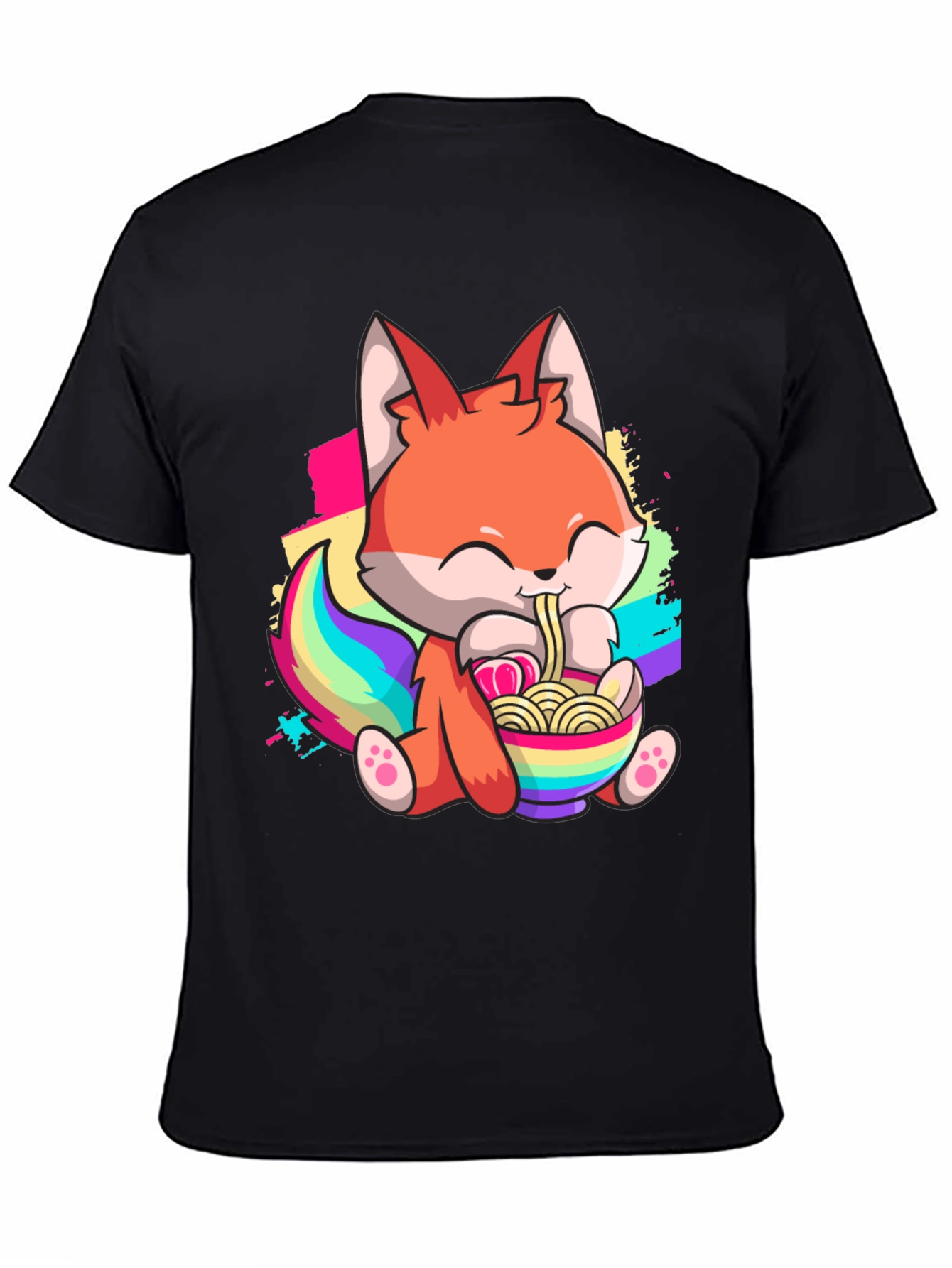 Cute Cartoon Fox Ramen Bowl Black T-shirt