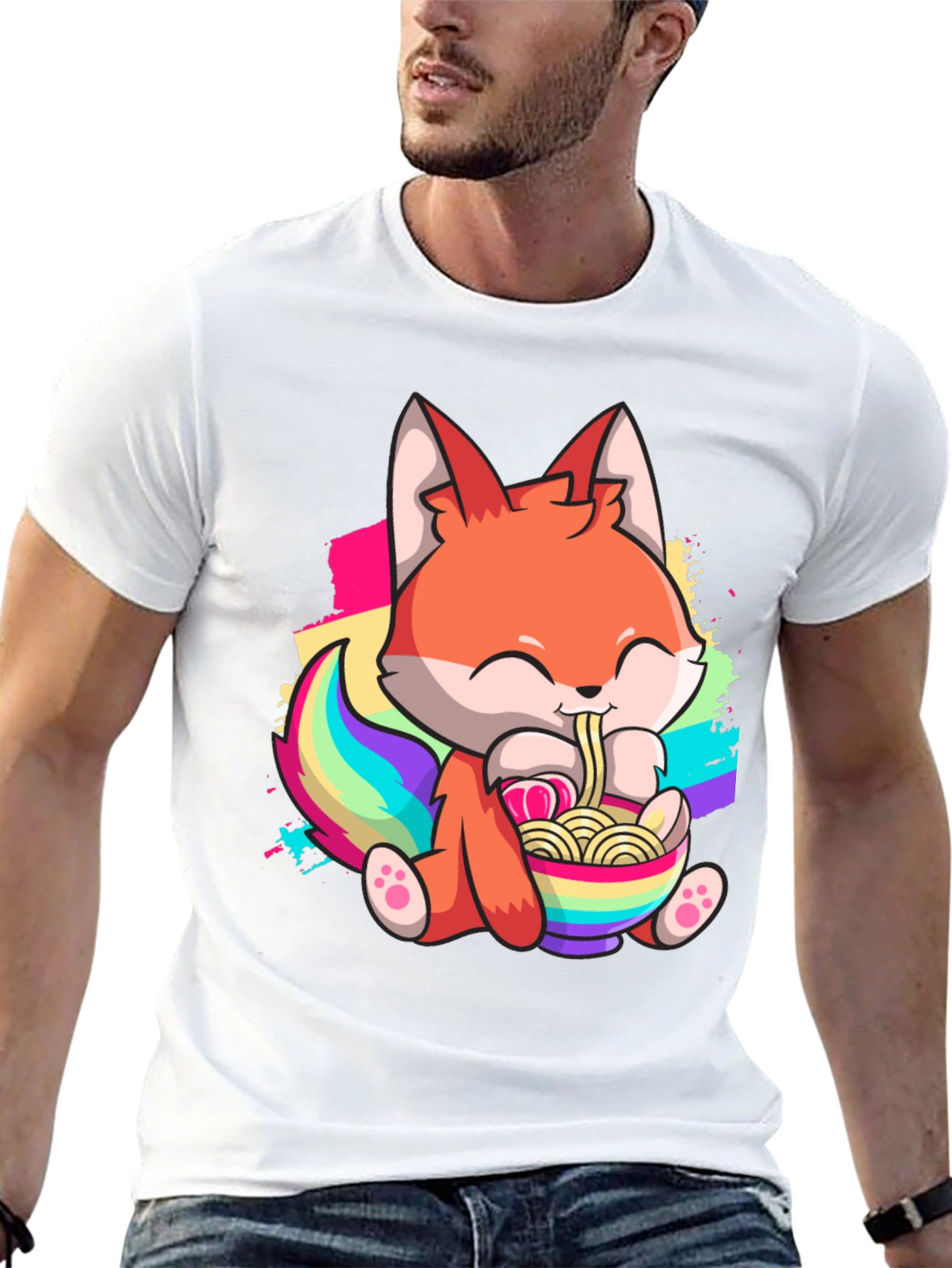 Cute Cartoon Fox Ramen Bowl Black T-shirt