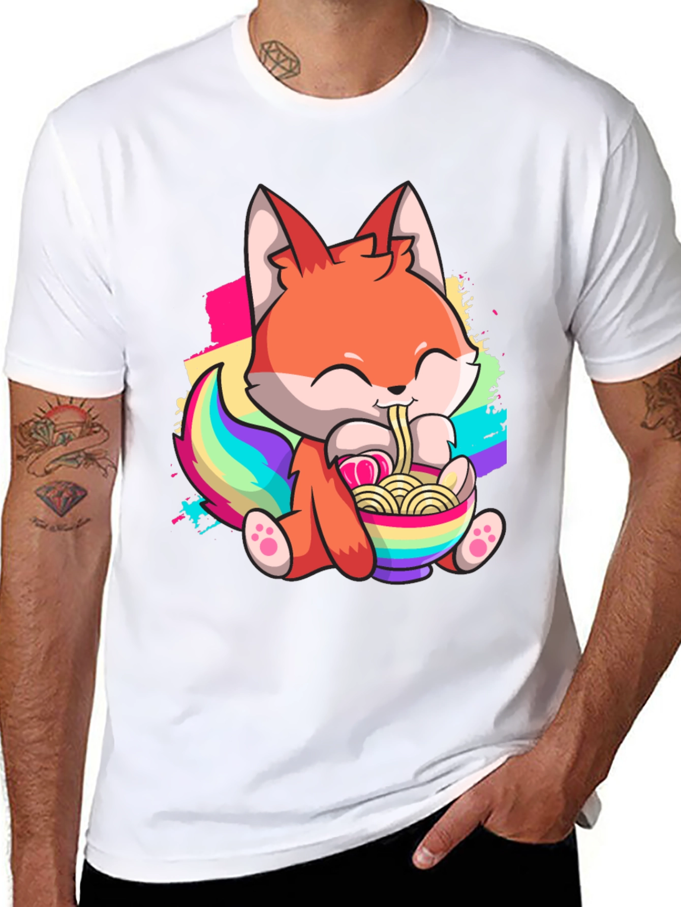 Cute Cartoon Fox Ramen Bowl Black T-shirt