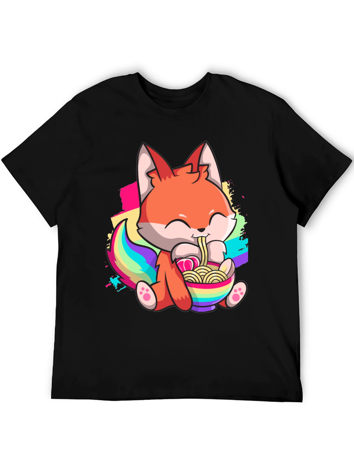 Cute Cartoon Fox Ramen Bowl Black T-shirt