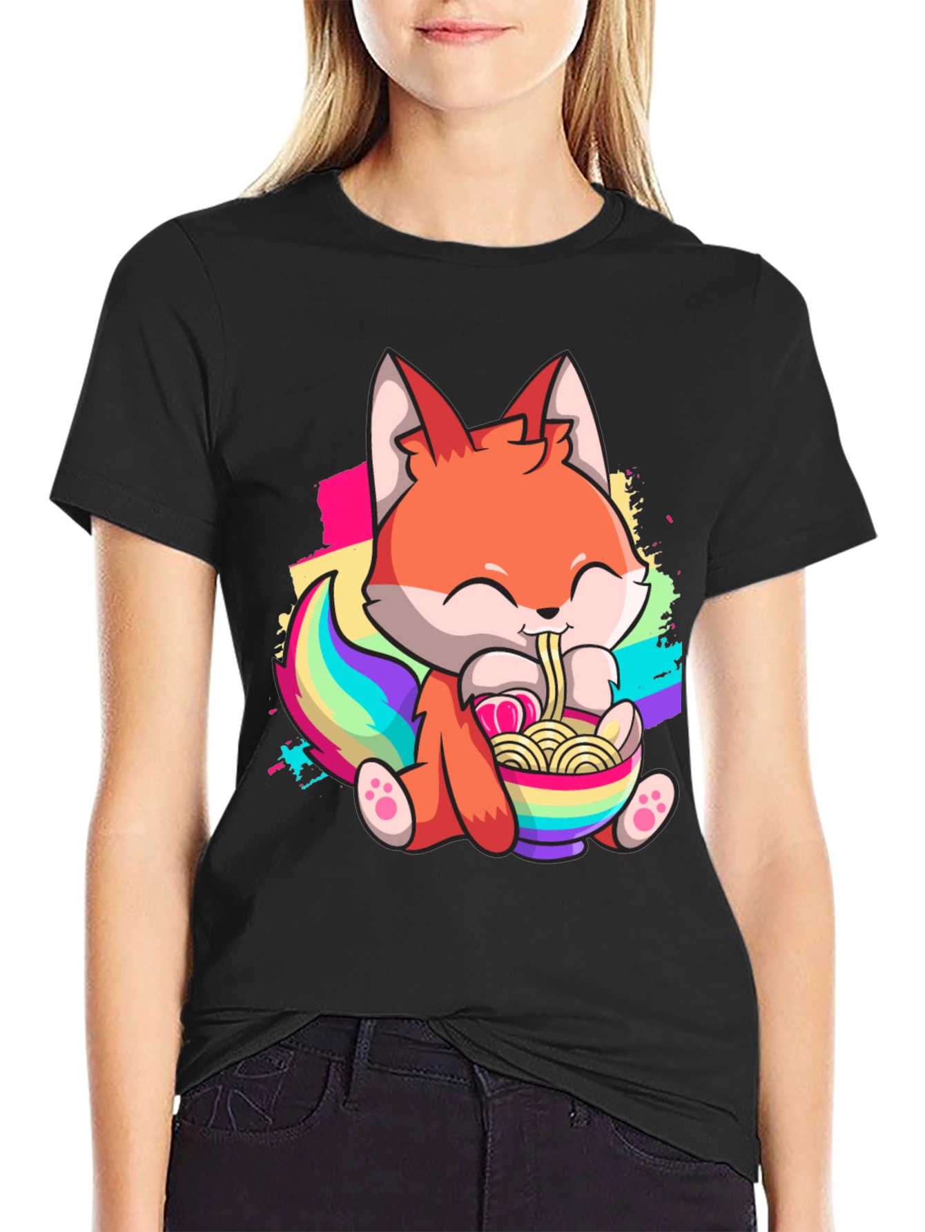 Cute Cartoon Fox Ramen Bowl Black T-shirt