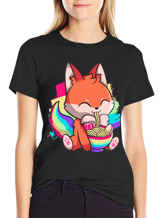 Cute Cartoon Fox Ramen Bowl Black T-shirt