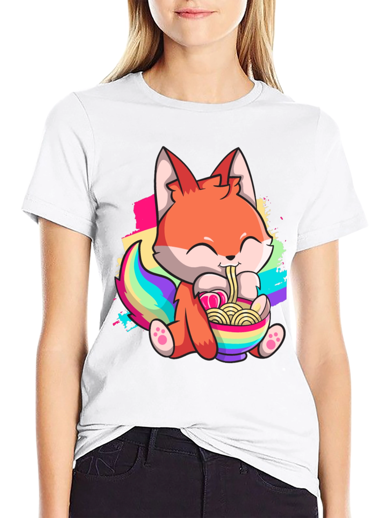Cute Cartoon Fox Ramen Bowl Black T-shirt