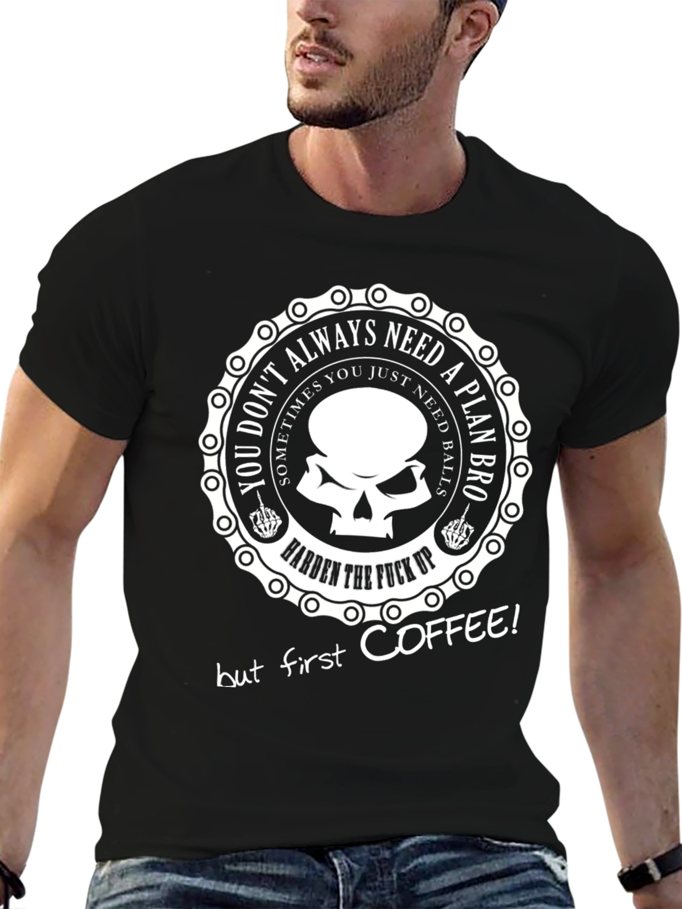 Hardcore Coffee Skull Graphic T-Shirt