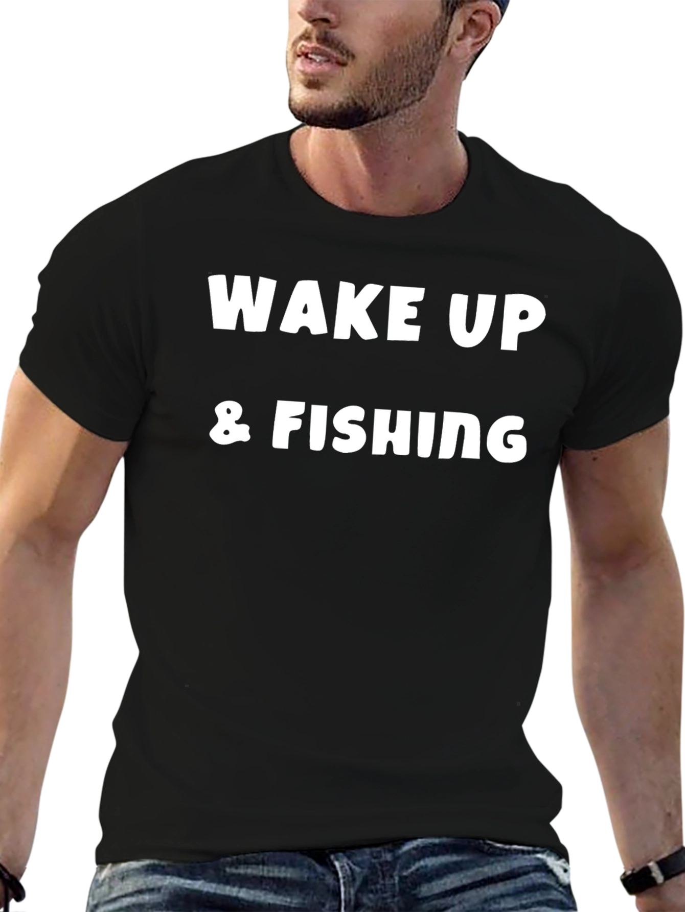 Wake Up & Fishing Graphic Tee - Black Cotton