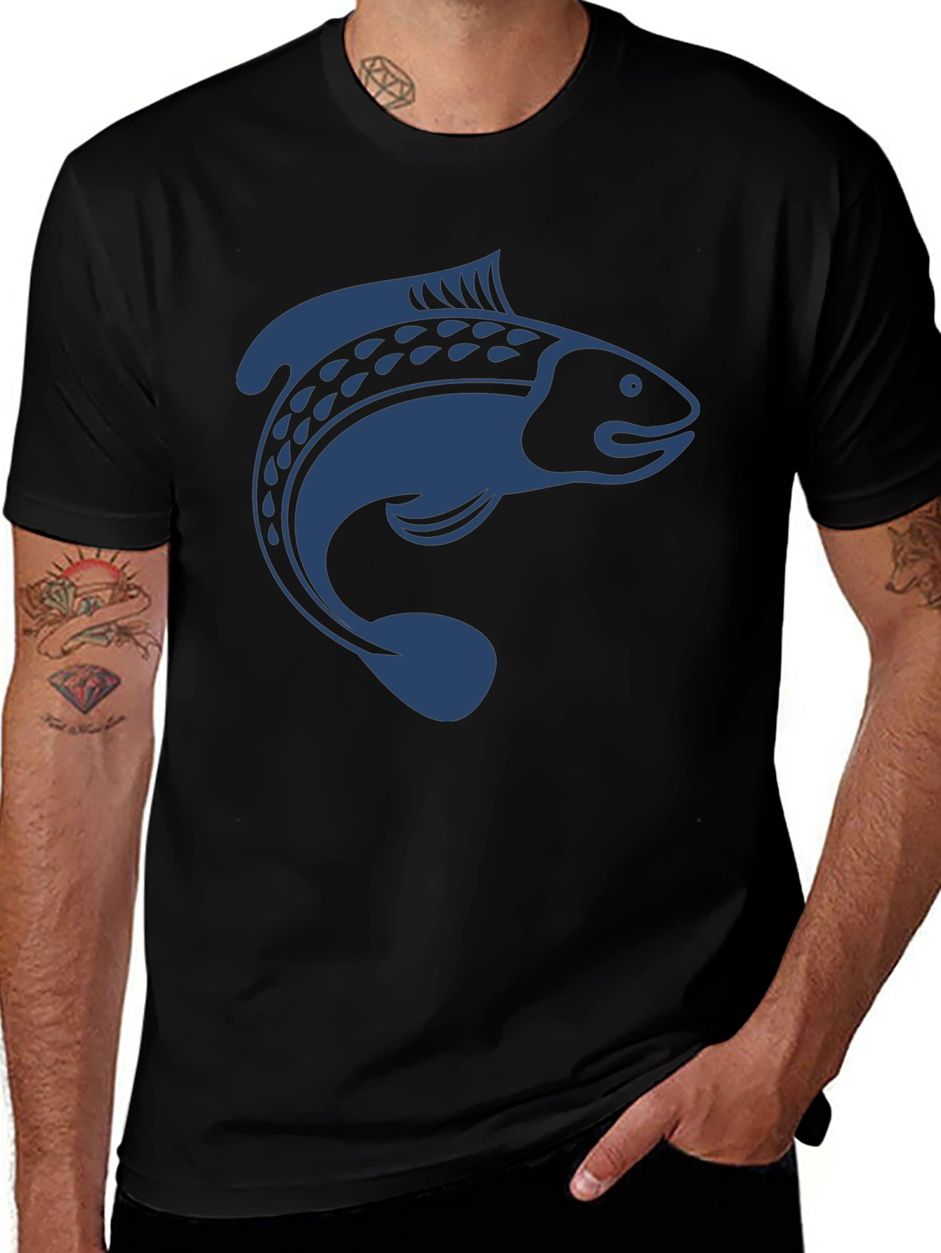 Fish Graphic Tee - Mens Black Cotton T-Shirt