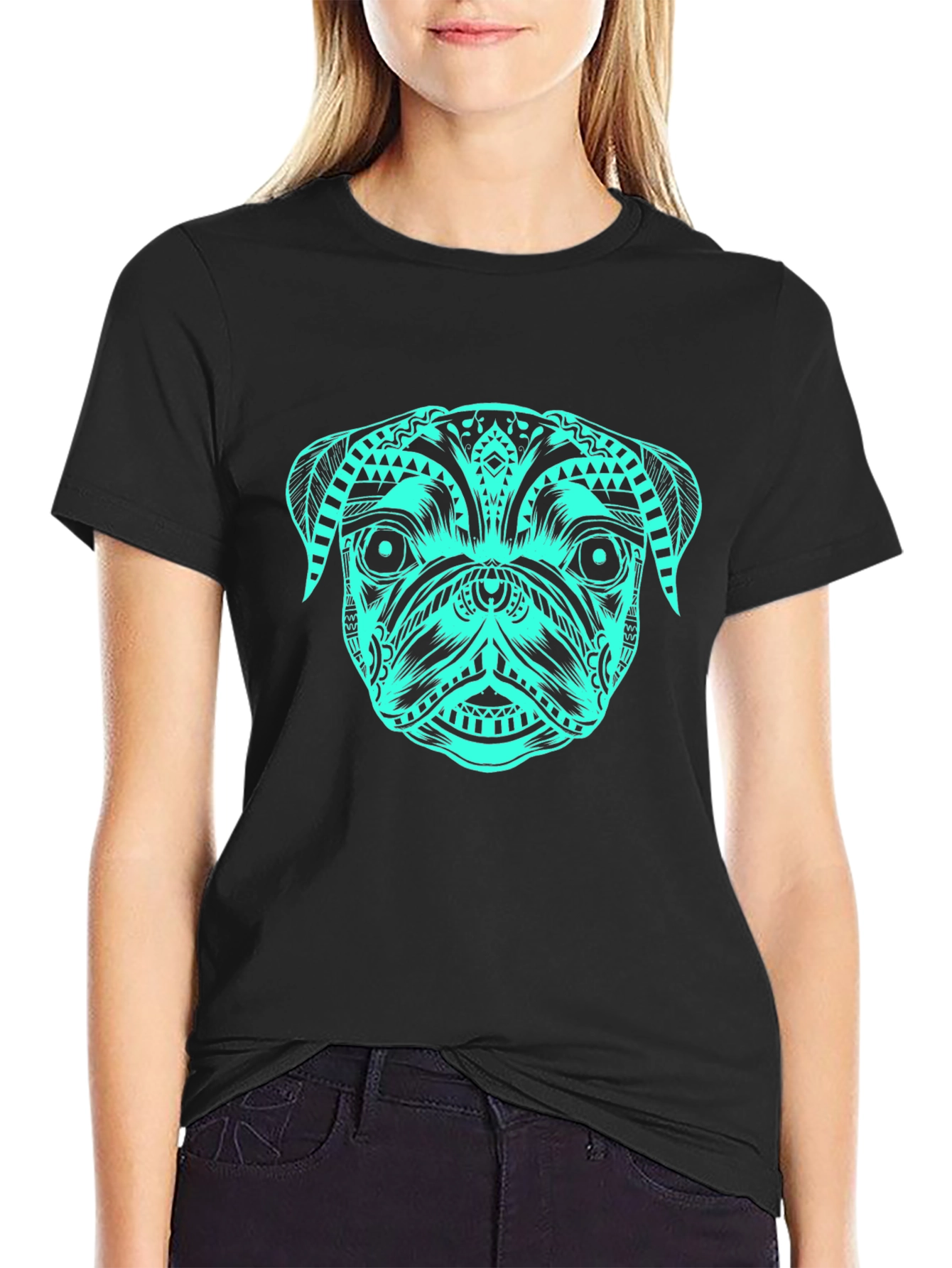 Tribal Pug T-Shirt – Bold Teal Dog Lover Graphic Tee