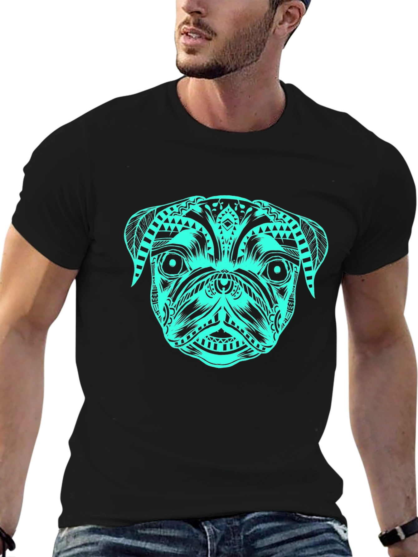 Tribal Pug T-Shirt – Bold Teal Dog Lover Graphic Tee