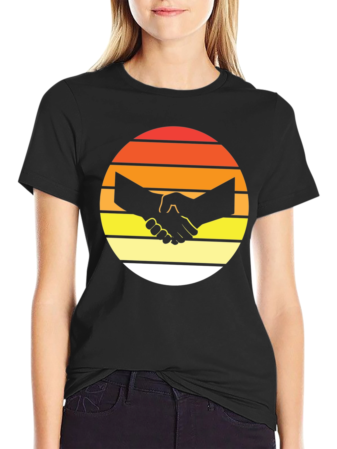 Sunset Handshake Graphic Black T-Shirt