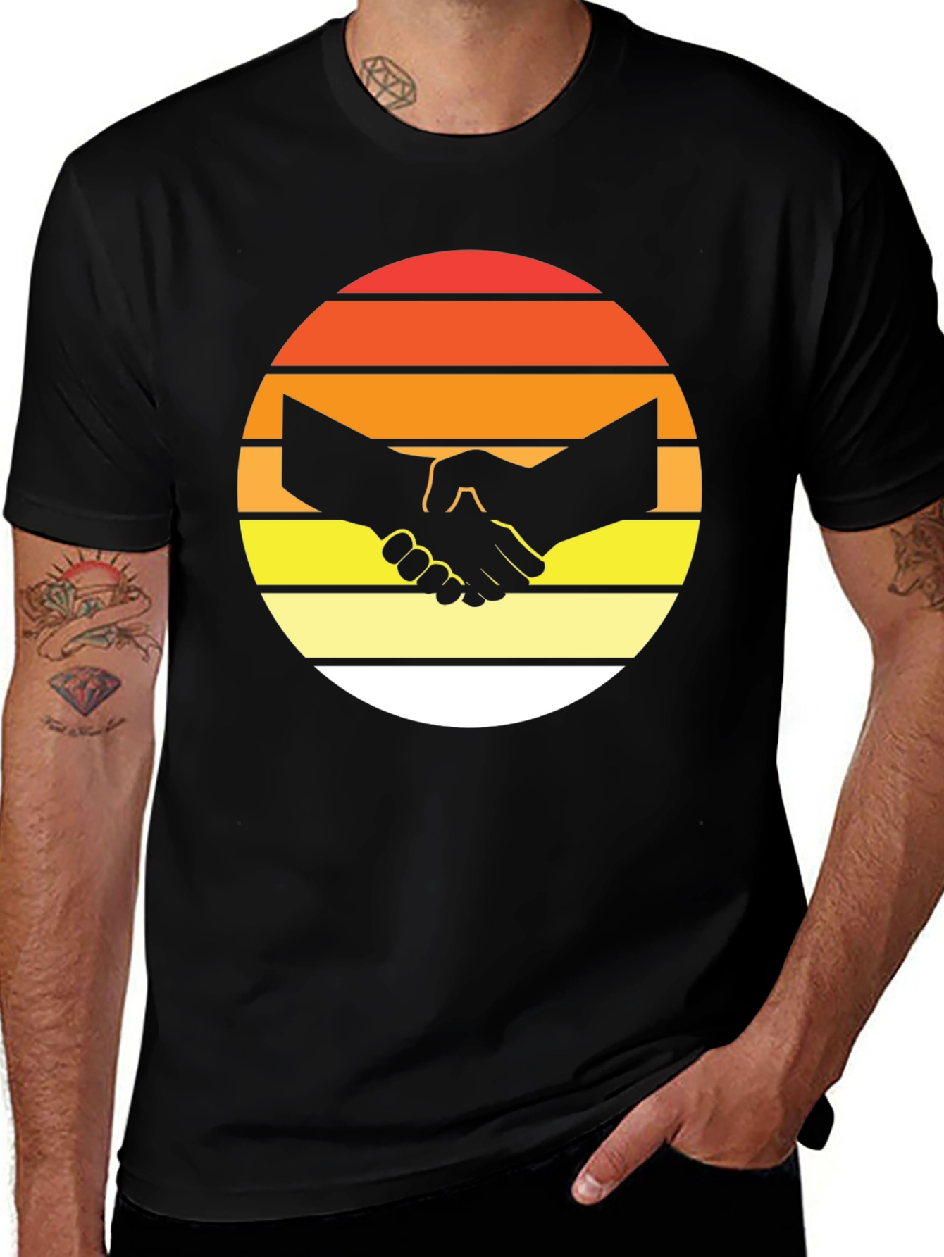 Sunset Handshake Graphic Black T-Shirt