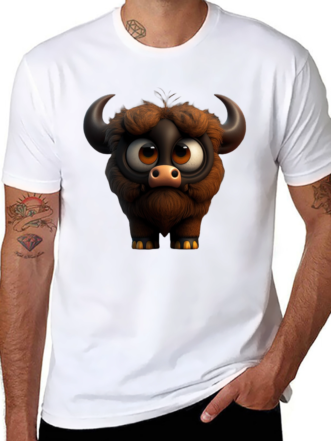 Cute Cartoon Buffalo Graphic Tee - Black