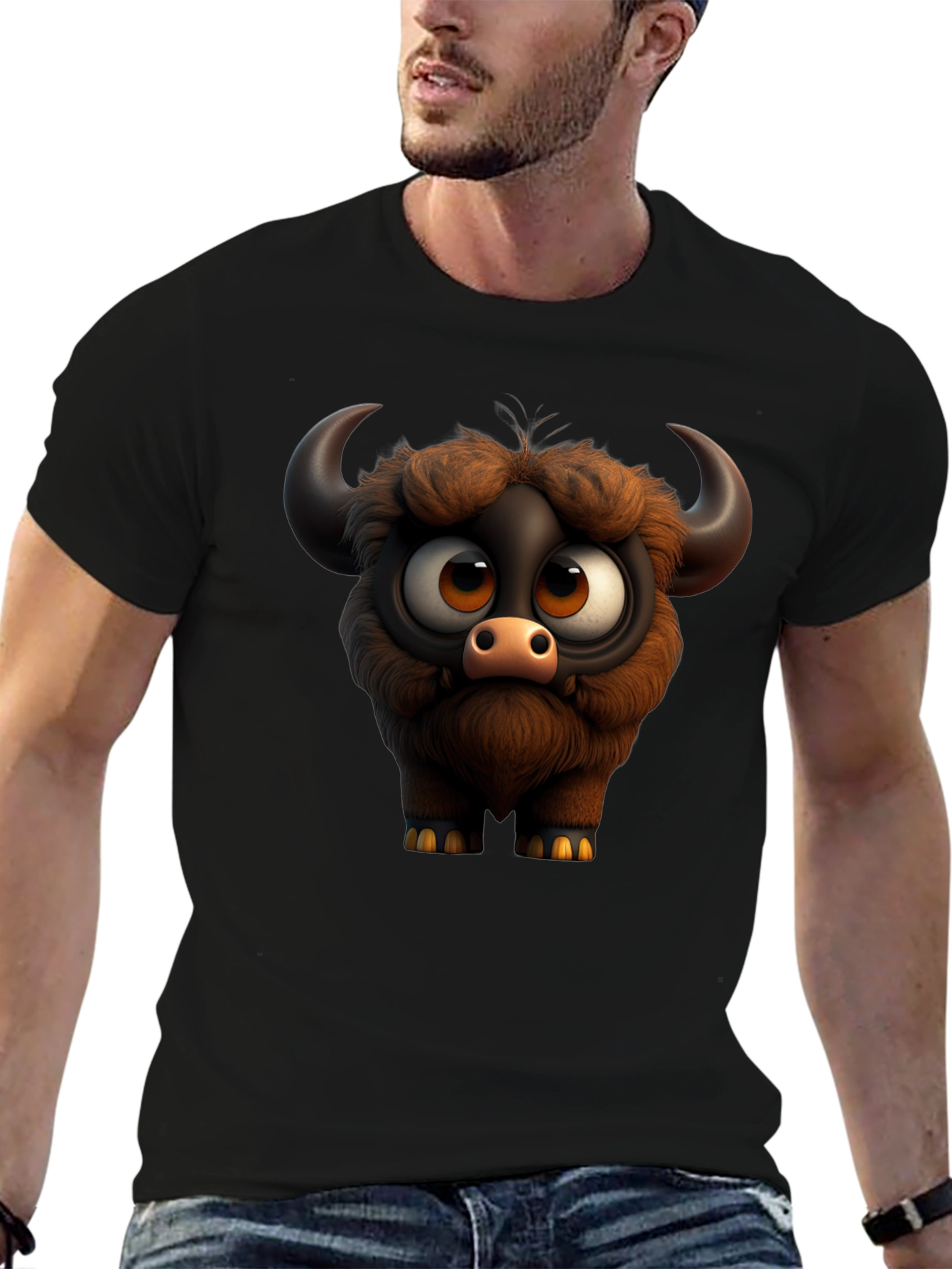 Cute Cartoon Buffalo Graphic Tee - Black