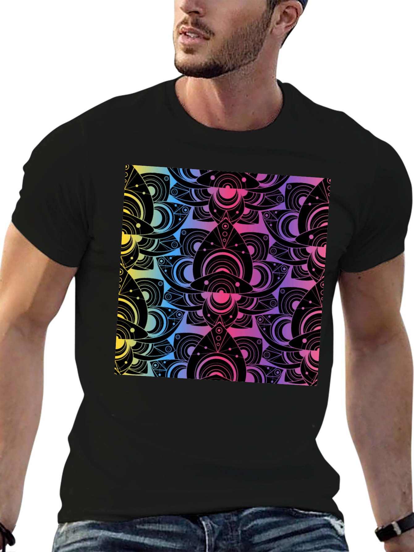 Psychedelic Lotus Pattern Black T-Shirt