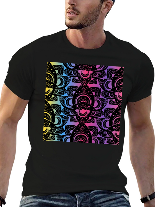 Psychedelic Lotus Pattern Black T-Shirt