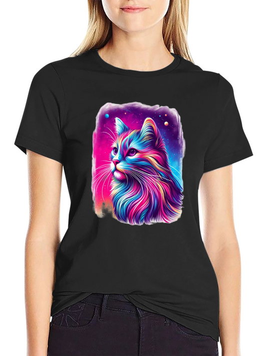 Colorful Cat Graphic Black T-Shirt