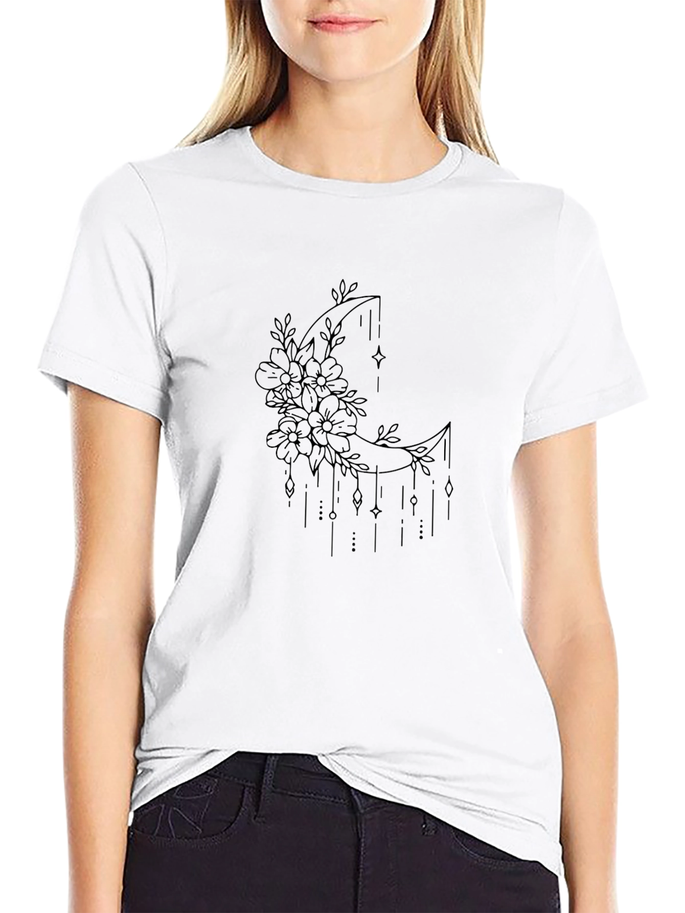 Floral Crescent Moon Graphic Tee - Black