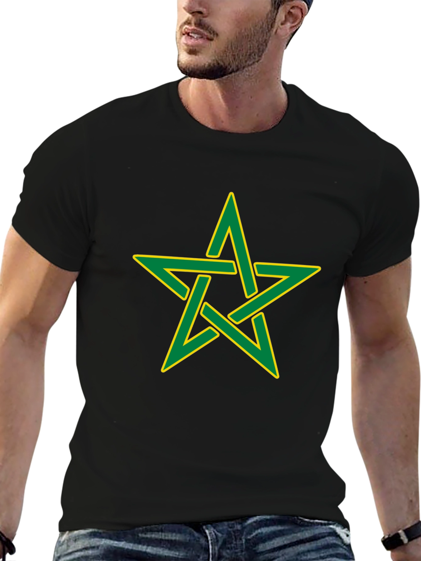 Black T-Shirt with Green and Yellow Moroccan Star