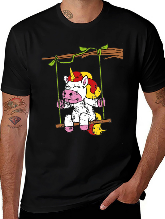 Unicorn on Swing Graphic Tee - Black Casual Shirt