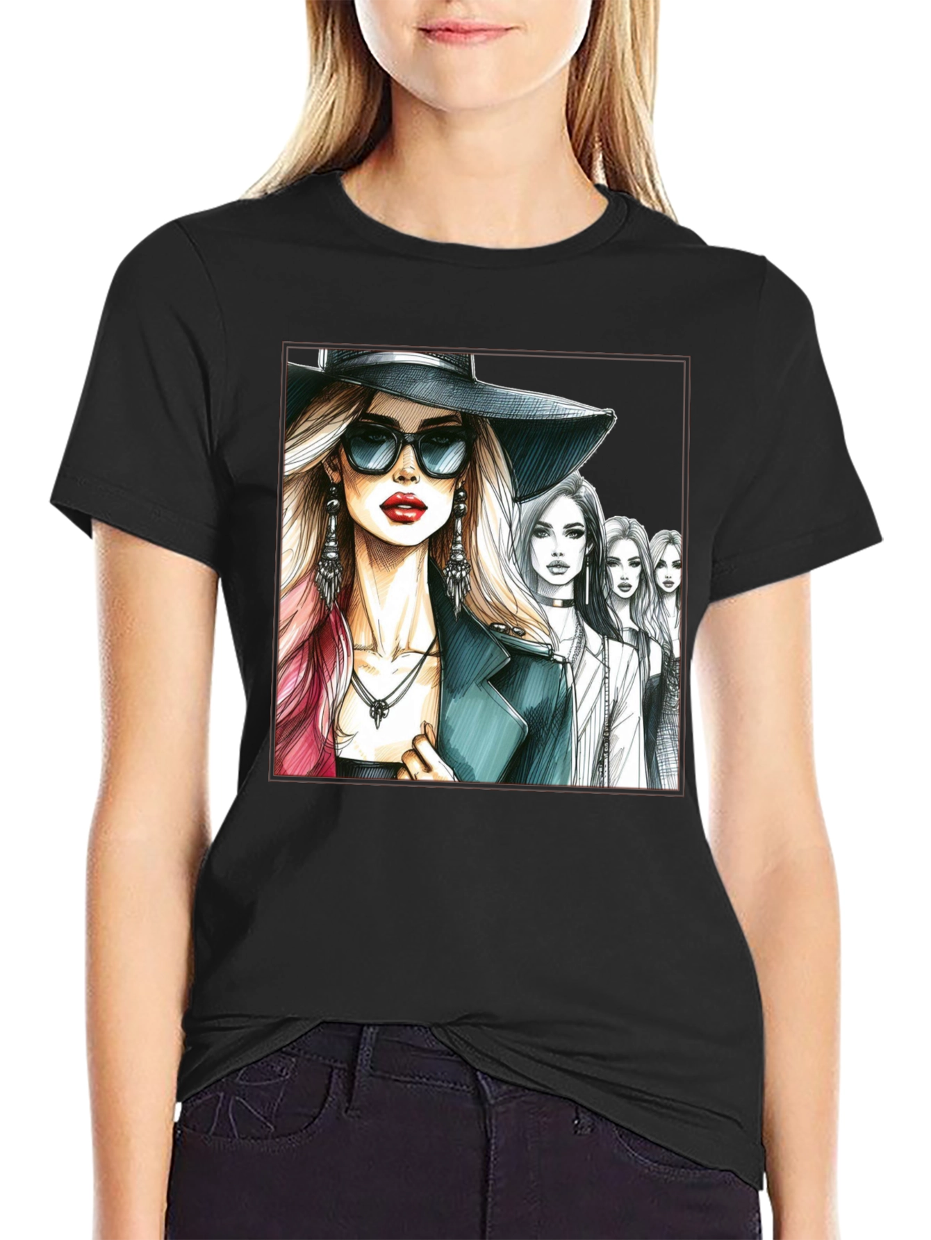 Stylish Women Sketch Graphic T-Shirt - Black