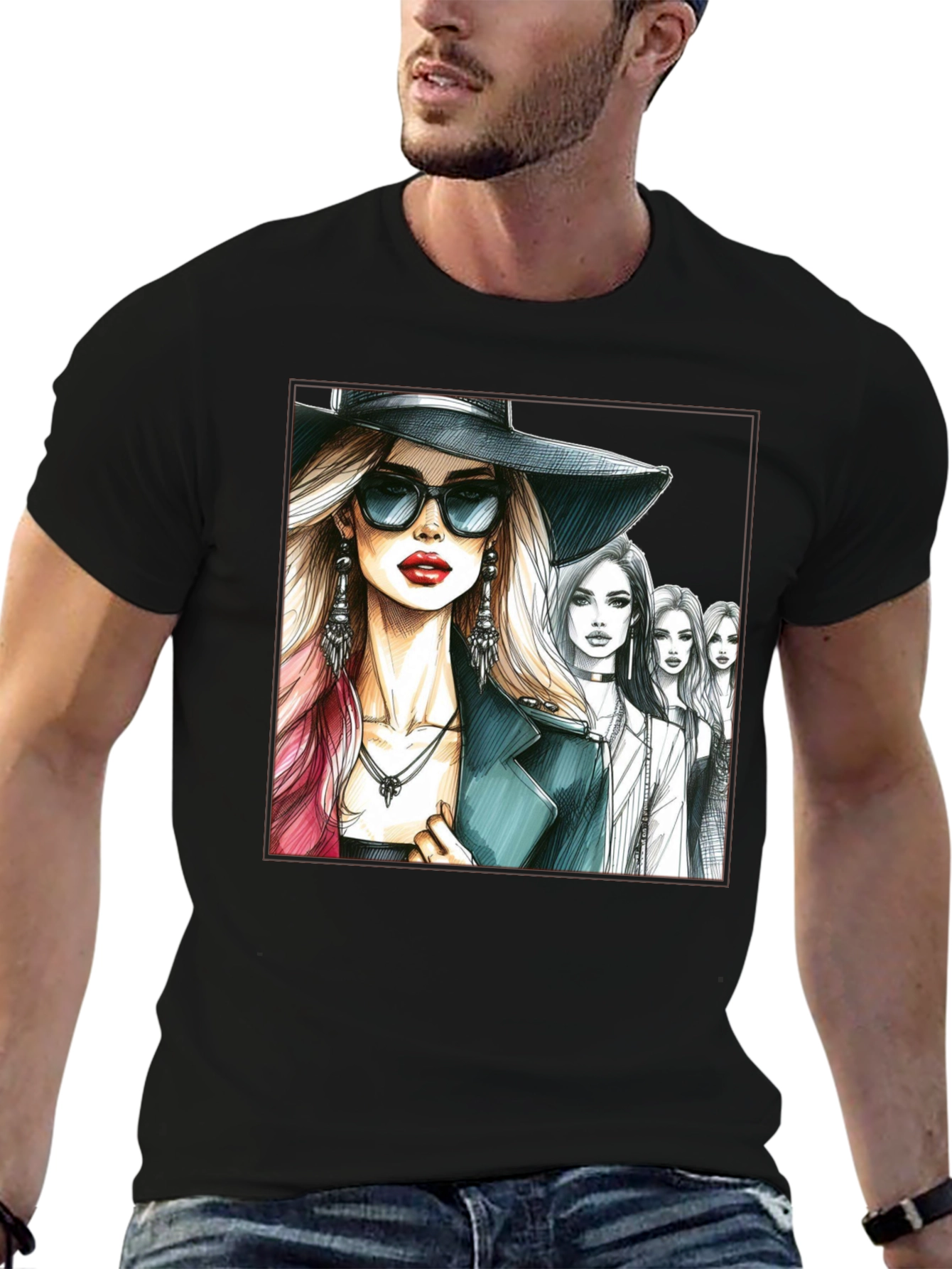 Stylish Women Sketch Graphic T-Shirt - Black