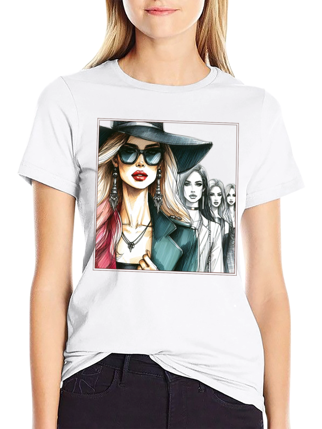 Stylish Women Sketch Graphic T-Shirt - Black