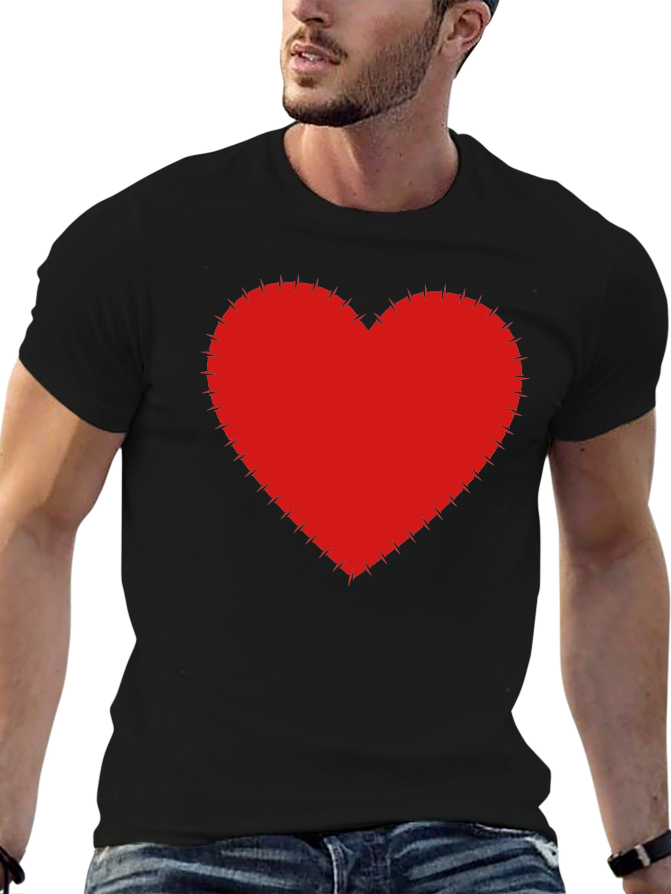 Red Heart Stitched Black T-Shirt