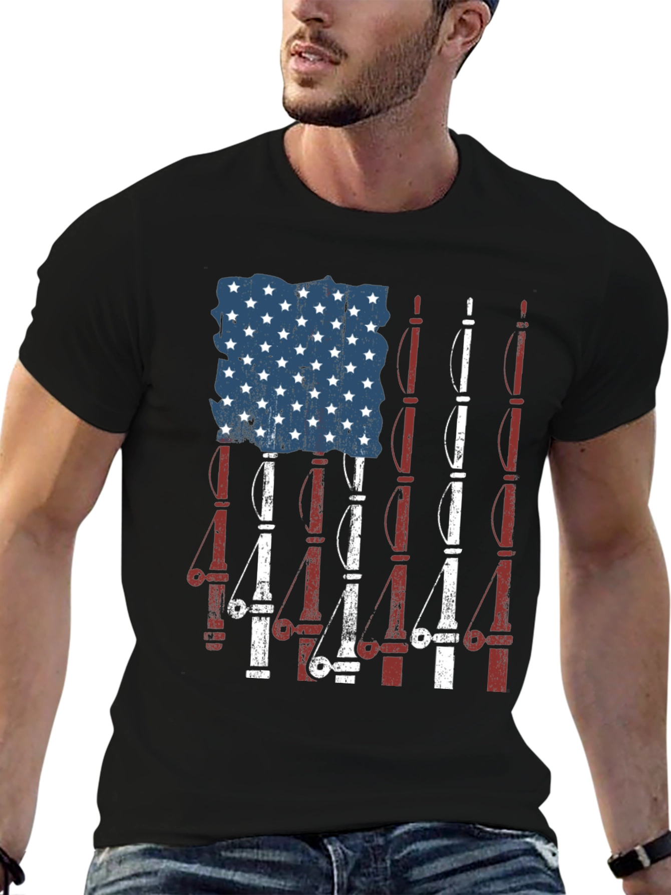 American Flag Fishing Rods T-Shirt - Patriotic Angler Tee