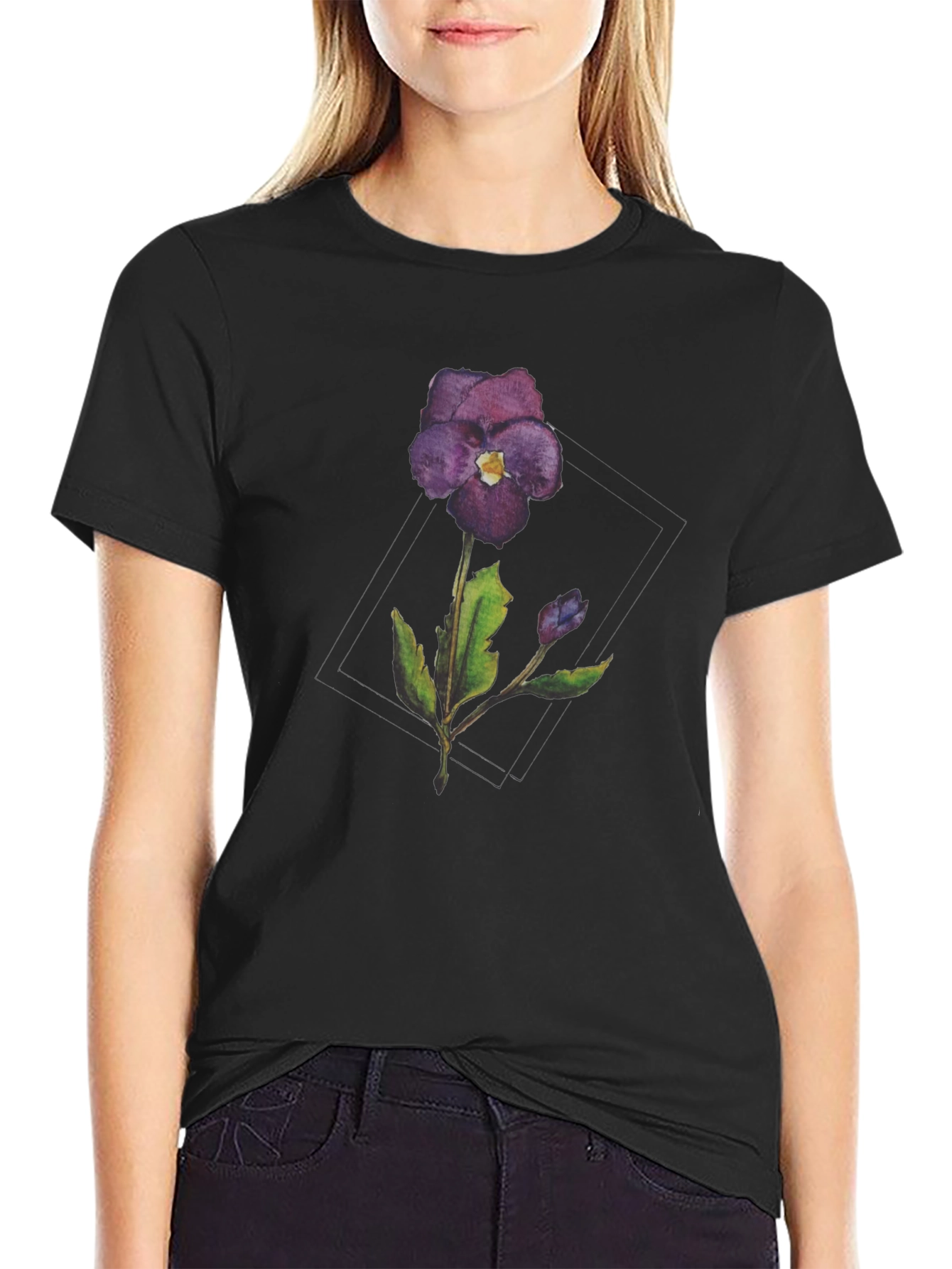 Violet Flower Graphic T-Shirt - Casual Style