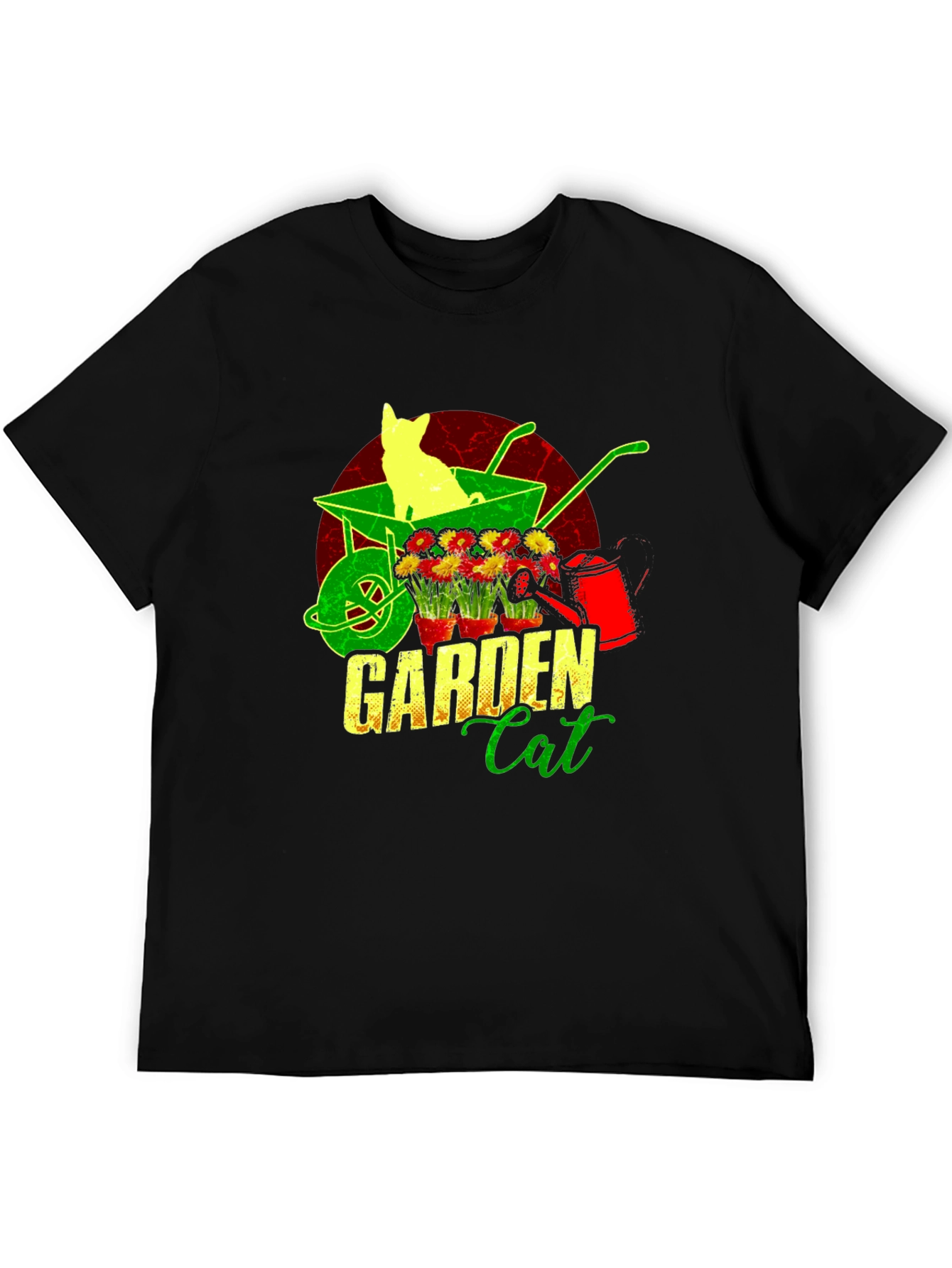 Garden Cat T-Shirt - Wheelbarrow & Flower Design